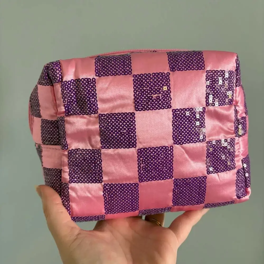 Pink and Purple Checkered Sequin Makeup Bag